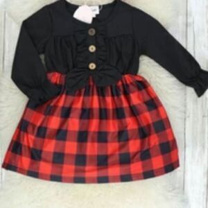 NWT Christmas Holiday Dress Buffalo Plaid Bow and Wood Button Detail Size 6-12mo